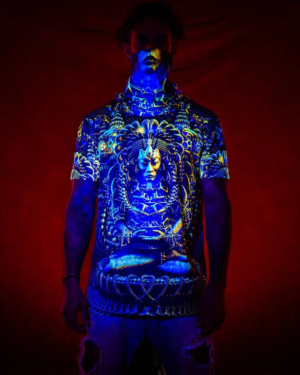 Mens Festival Top | Psy Clothing | Mens Rave Outfit | UV Blacklight Shirt | Psychedelic Shirt | Neck Gaiter and Hood | Asura - Ninja