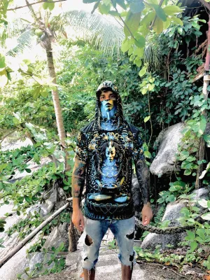Mens Festival Top | Psy Clothing | Mens Rave Outfit | UV Blacklight Shirt | Psychedelic Shirt | Neck Gaiter and Hood | Asura - Ninja