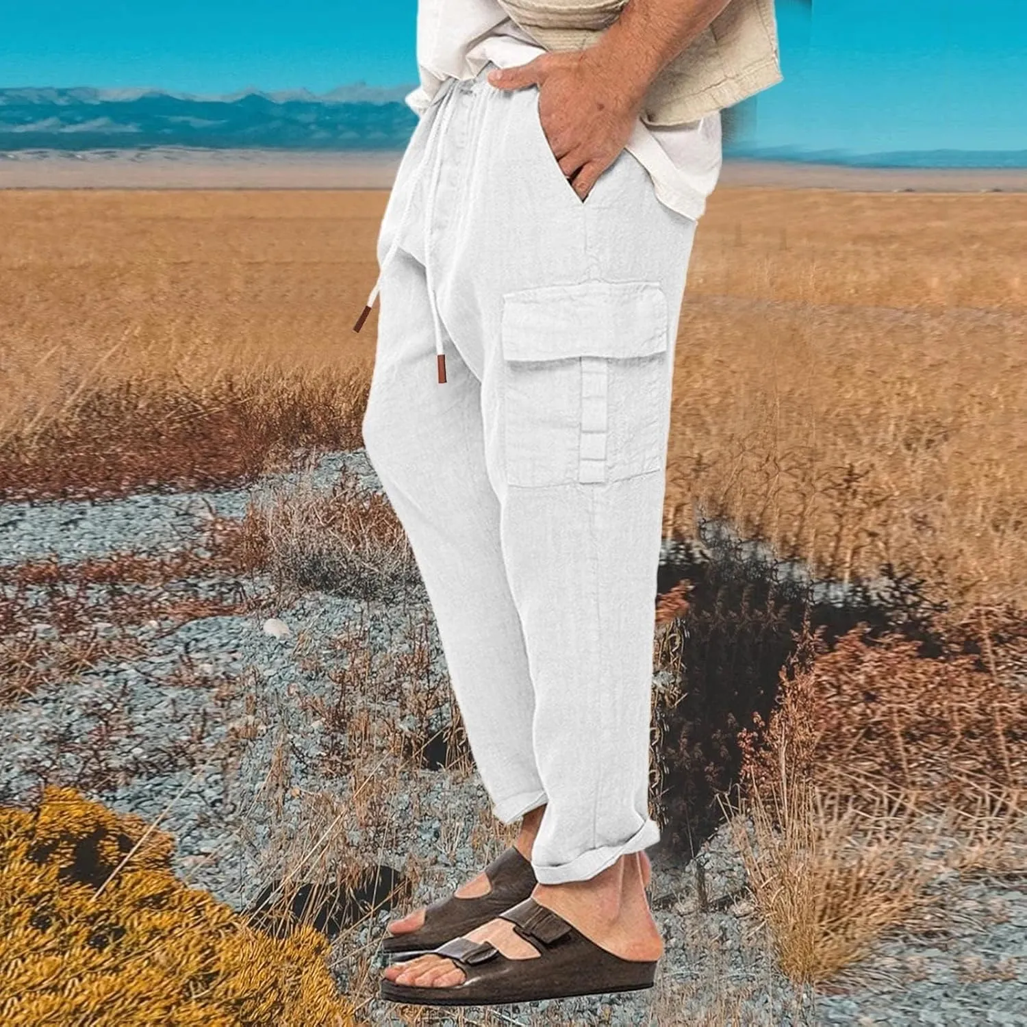 Mens Lightweight Linen Pants Casual Golf Trousers Pockets Stretch Elastic Waist Outdoor Hiking Sweatpants