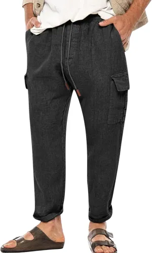 Mens Lightweight Linen Pants Casual Golf Trousers Pockets Stretch Elastic Waist Outdoor Hiking Sweatpants