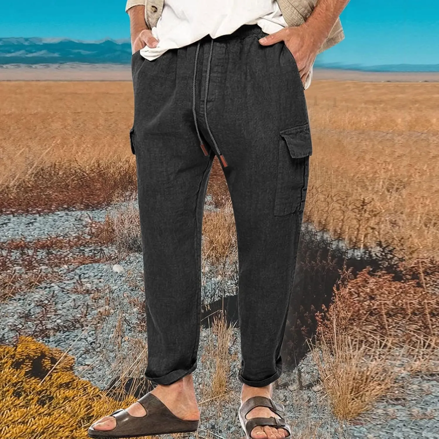 Mens Lightweight Linen Pants Casual Golf Trousers Pockets Stretch Elastic Waist Outdoor Hiking Sweatpants