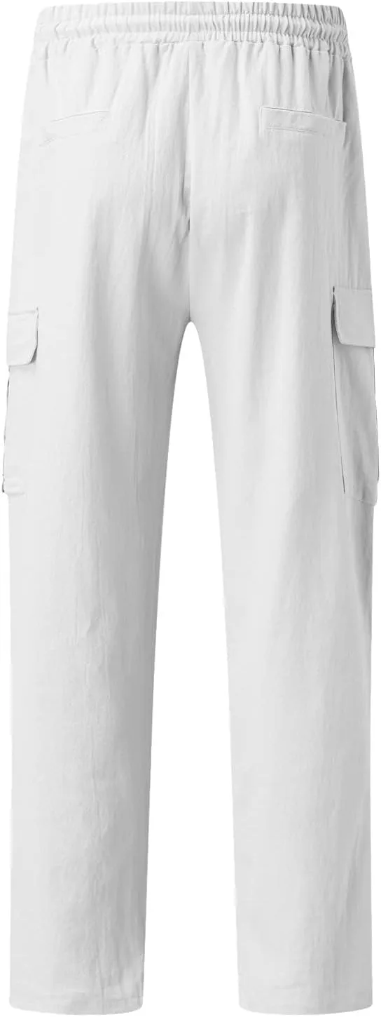 Mens Lightweight Linen Pants Casual Golf Trousers Pockets Stretch Elastic Waist Outdoor Hiking Sweatpants