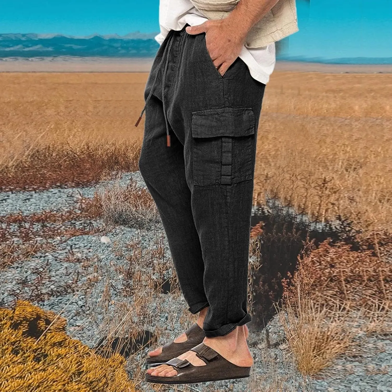 Mens Lightweight Linen Pants Casual Golf Trousers Pockets Stretch Elastic Waist Outdoor Hiking Sweatpants