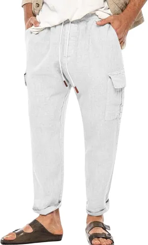 Mens Lightweight Linen Pants Casual Golf Trousers Pockets Stretch Elastic Waist Outdoor Hiking Sweatpants