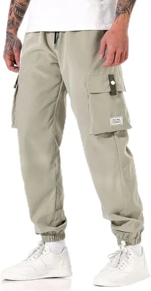 Men's Work Pants Cuffed Casual Slim Fit Stretch Pants with Multi-Pockets