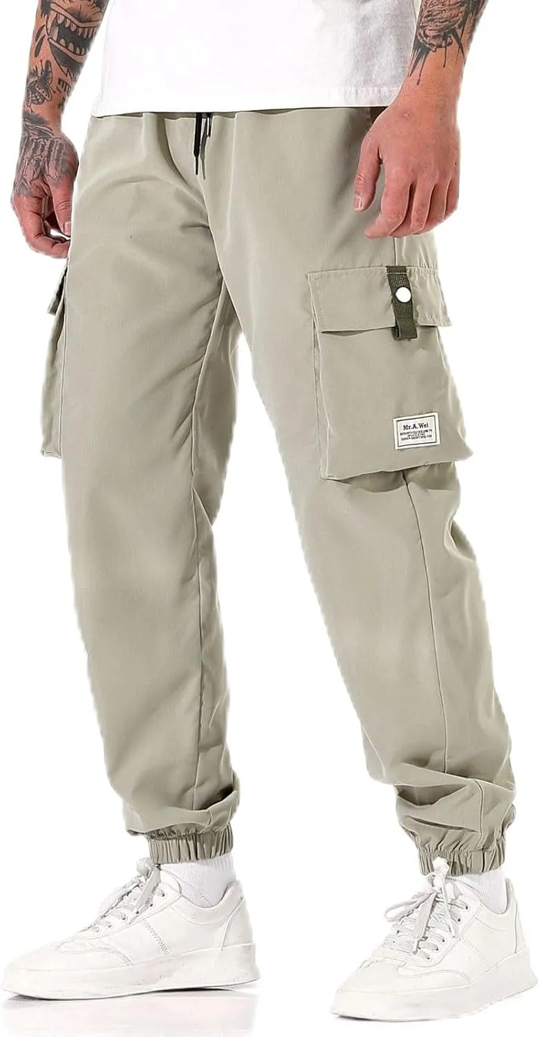 Men's Work Pants Cuffed Casual Slim Fit Stretch Pants with Multi-Pockets