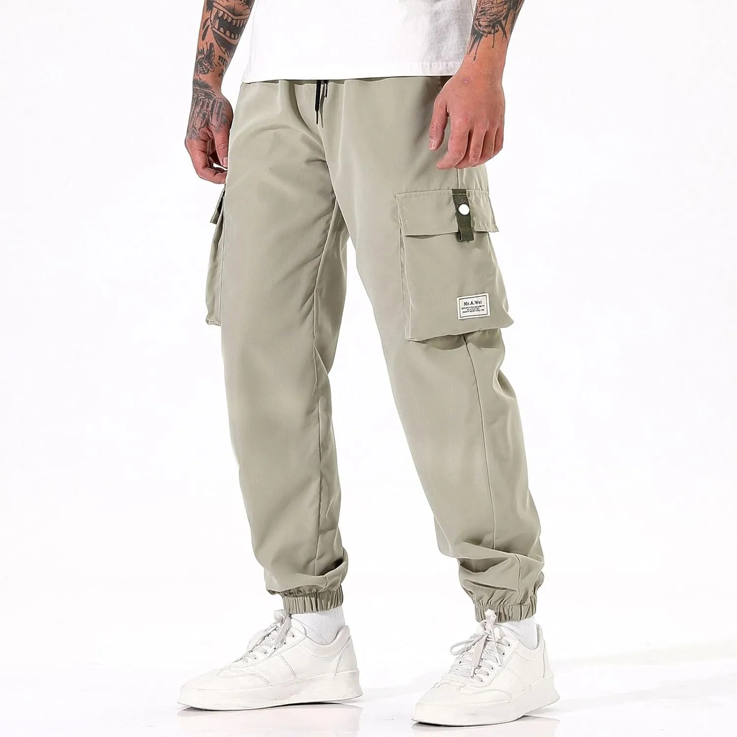 Men's Work Pants Cuffed Casual Slim Fit Stretch Pants with Multi-Pockets