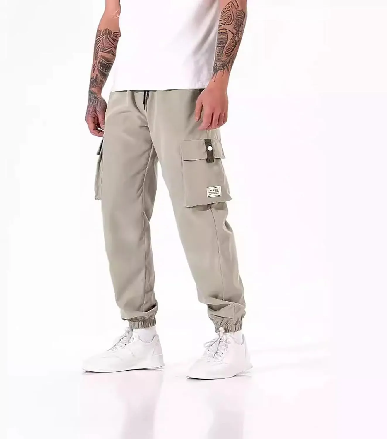 Men's Work Pants Cuffed Casual Slim Fit Stretch Pants with Multi-Pockets