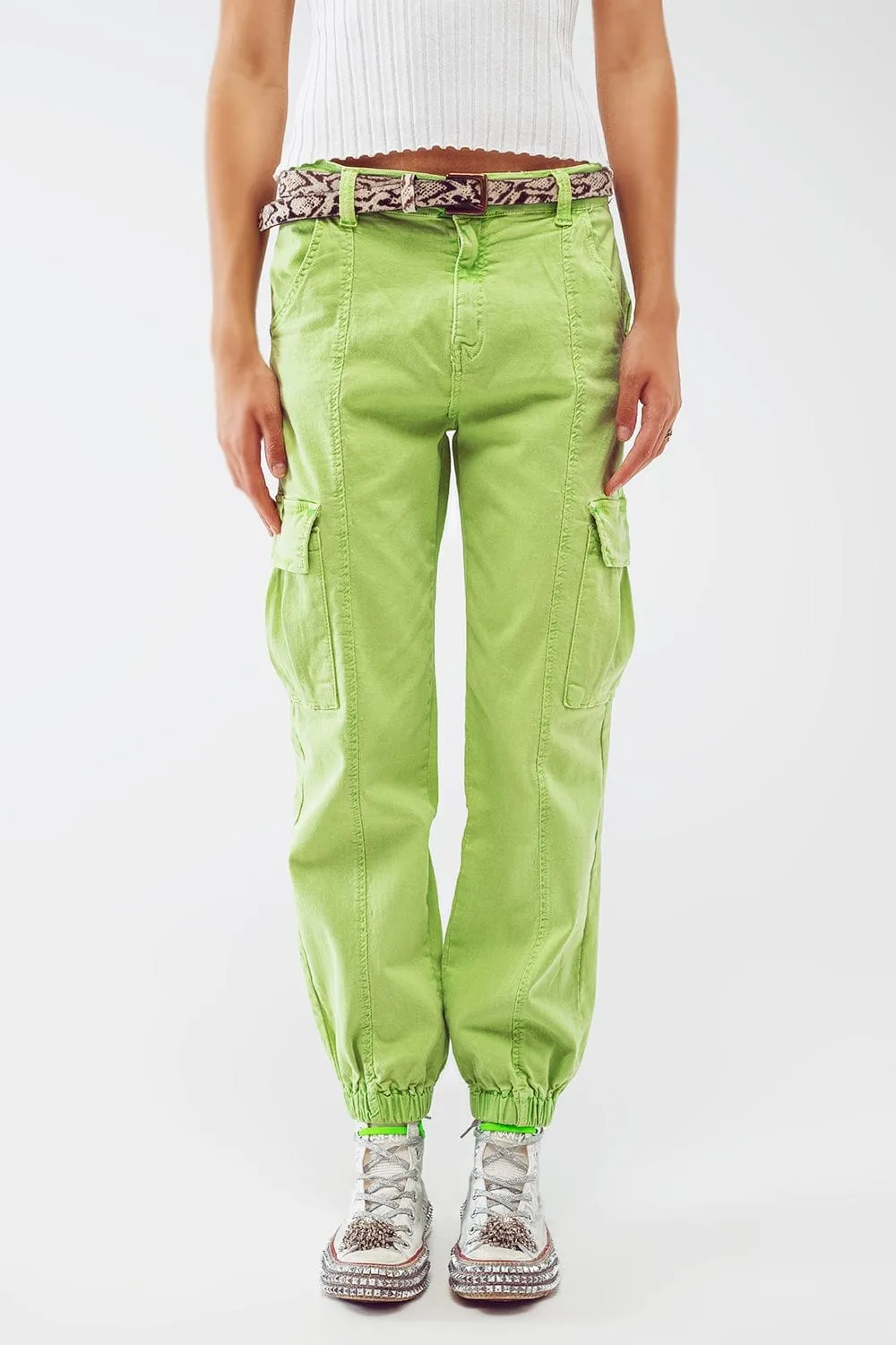 Mint Green Cargo Pants With Elasticated Waist And Hem
