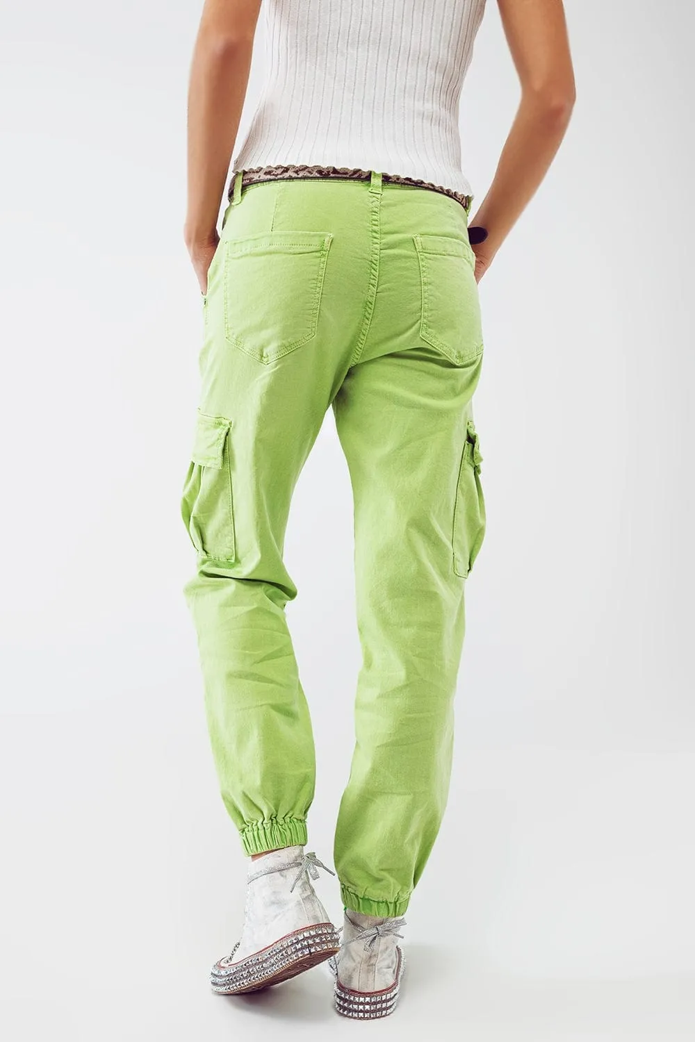 Mint Green Cargo Pants With Elasticated Waist And Hem