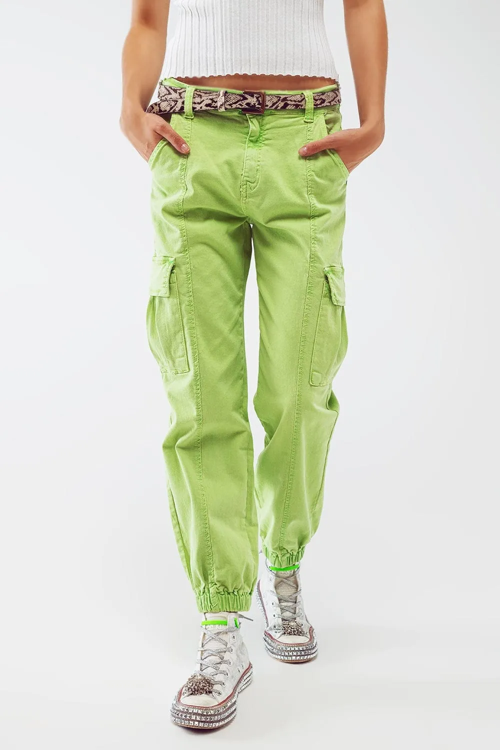 Mint Green Cargo Pants With Elasticated Waist And Hem