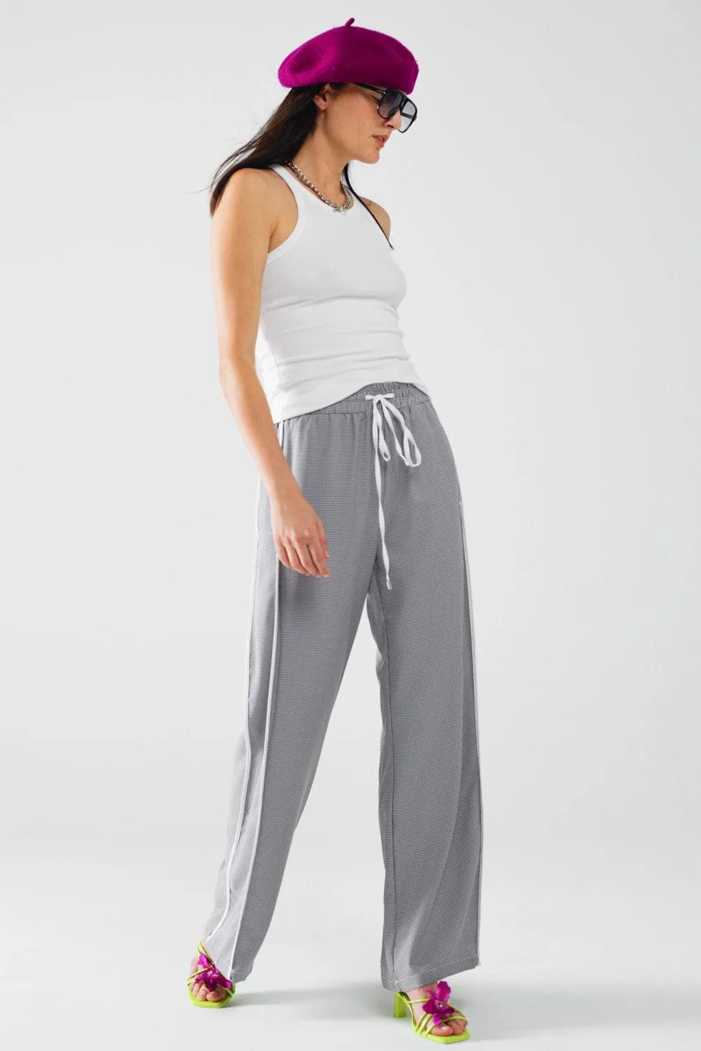 Palazzo Black And White Gingham Pants With Drawstring
