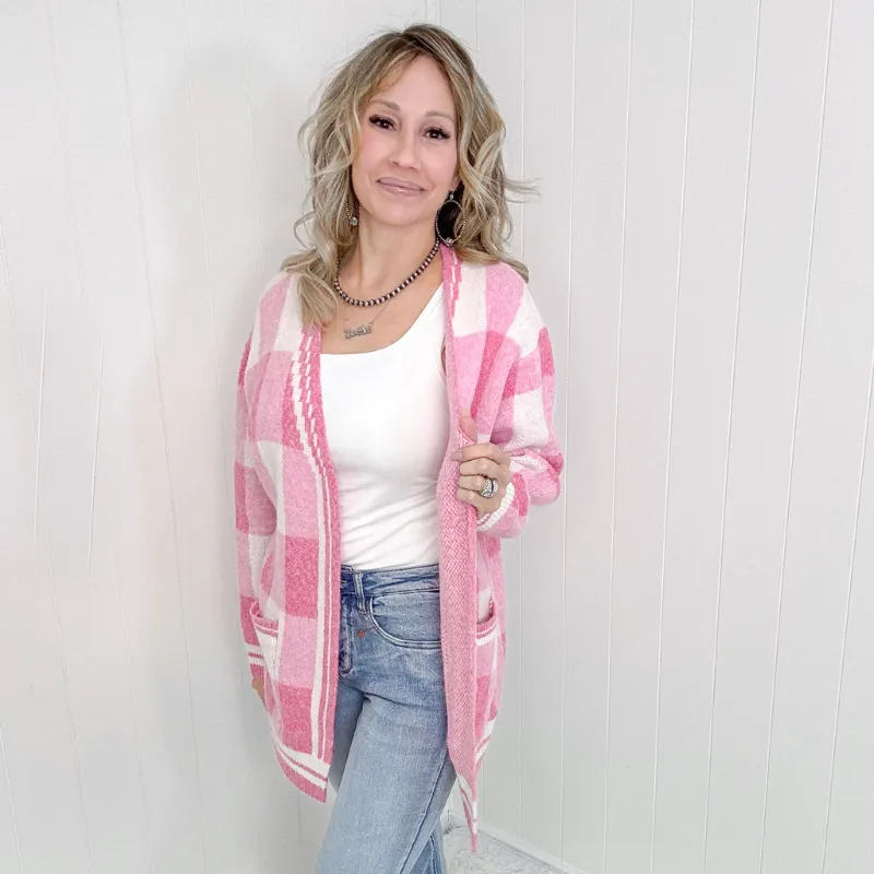 Pink Checkered Patch Pockets Sweater Cardigan