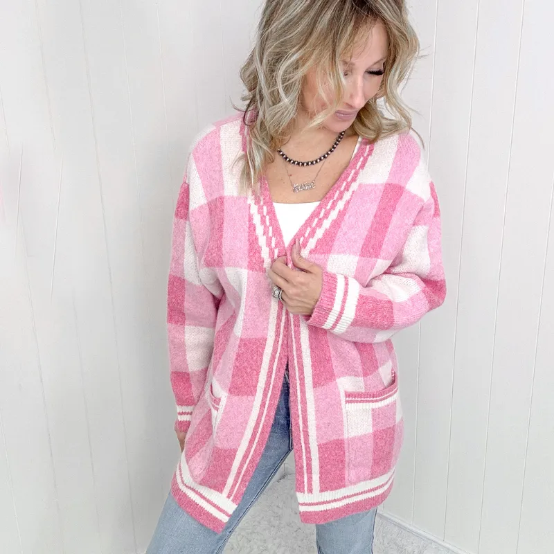 Pink Checkered Patch Pockets Sweater Cardigan