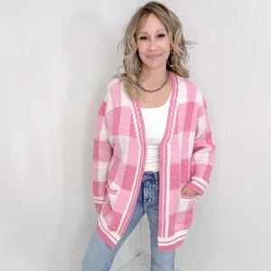Pink Checkered Patch Pockets Sweater Cardigan