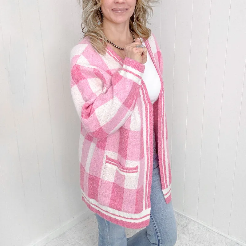 Pink Checkered Patch Pockets Sweater Cardigan