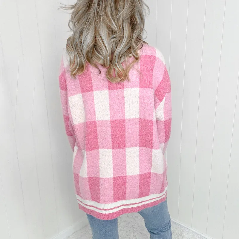 Pink Checkered Patch Pockets Sweater Cardigan