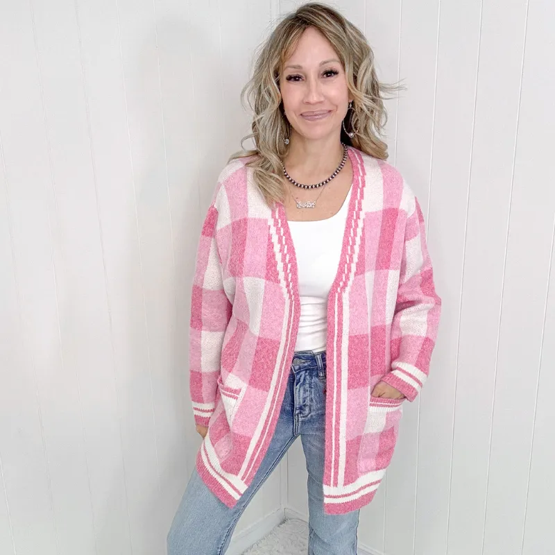 Pink Checkered Patch Pockets Sweater Cardigan
