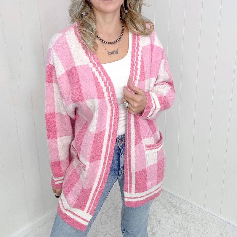 Pink Checkered Patch Pockets Sweater Cardigan