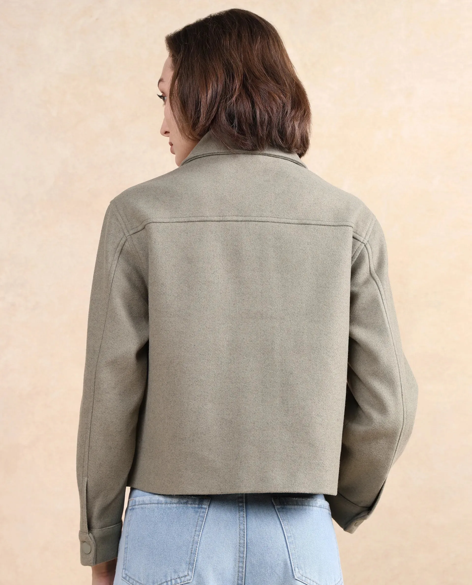 Rareism Women Riffin Dusky Green Cuffed Sleeve Collared Neck Button Closure Plain Jacket