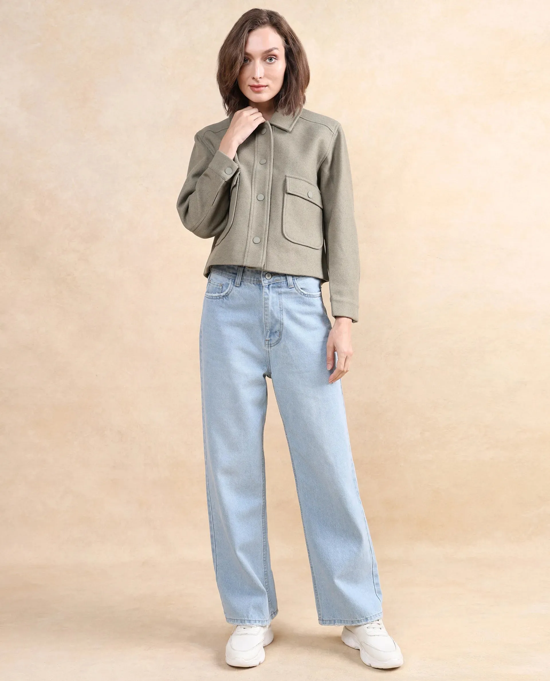 Rareism Women Riffin Dusky Green Cuffed Sleeve Collared Neck Button Closure Plain Jacket