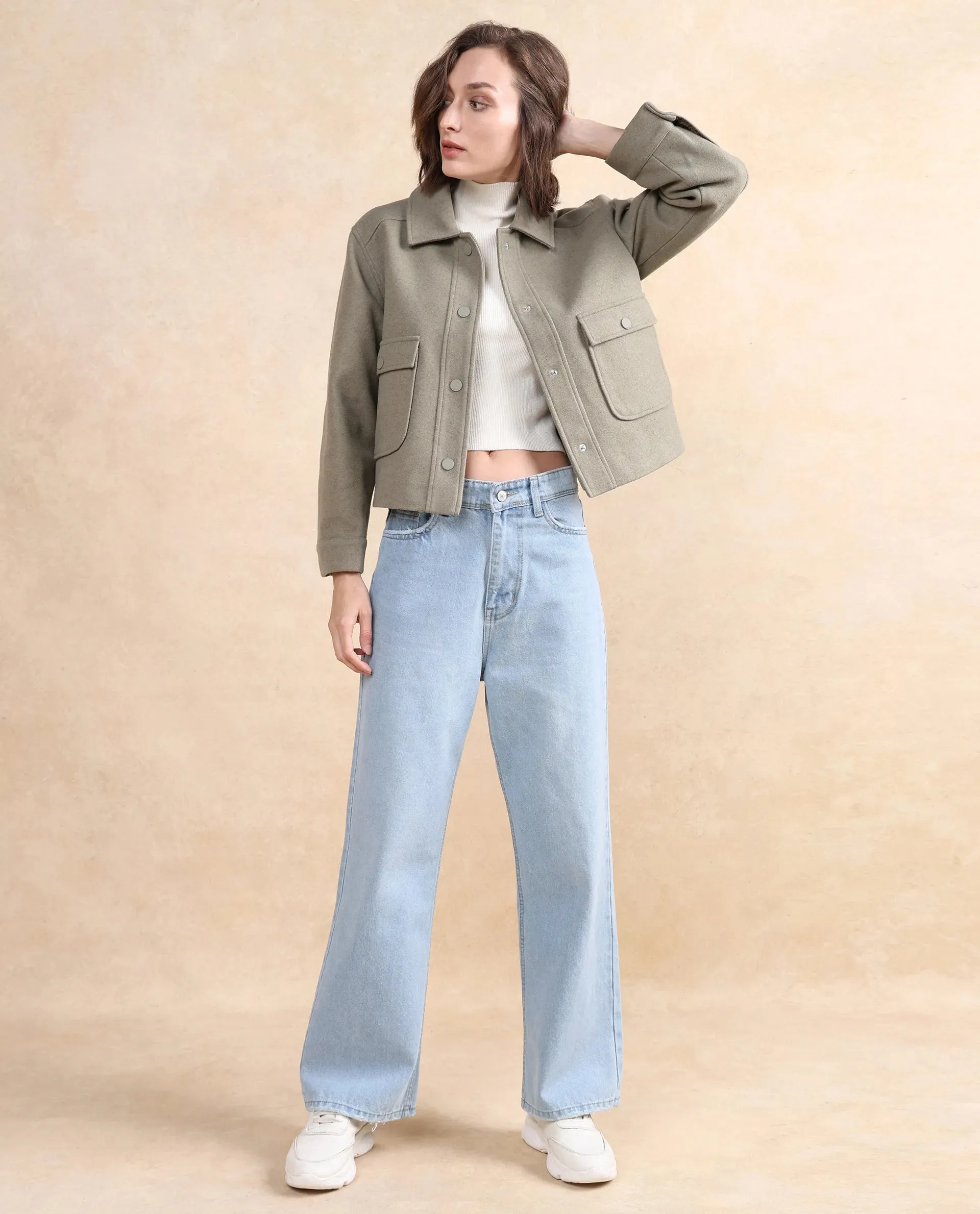 Rareism Women Riffin Dusky Green Cuffed Sleeve Collared Neck Button Closure Plain Jacket