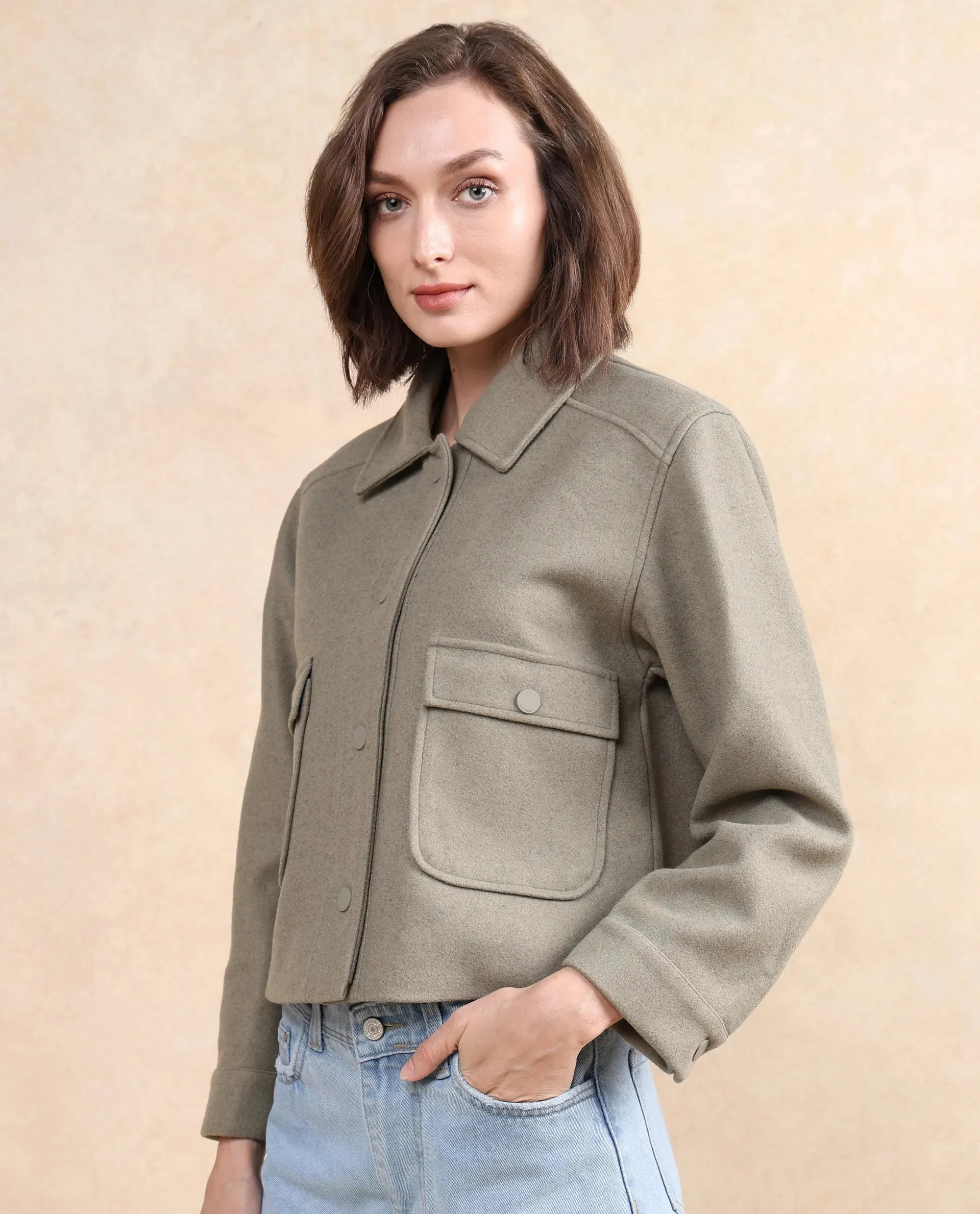 Rareism Women Riffin Dusky Green Cuffed Sleeve Collared Neck Button Closure Plain Jacket