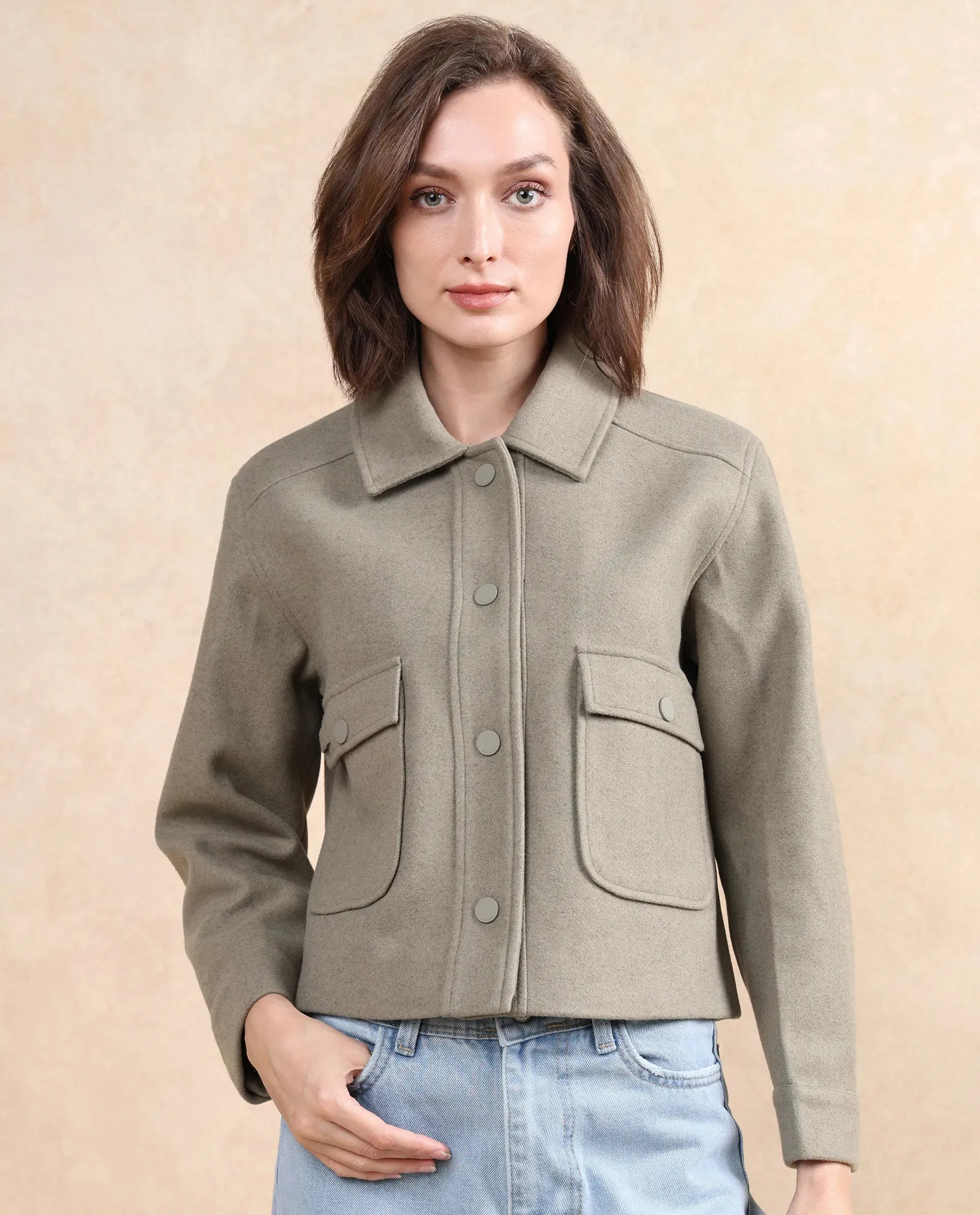 Rareism Women Riffin Dusky Green Cuffed Sleeve Collared Neck Button Closure Plain Jacket