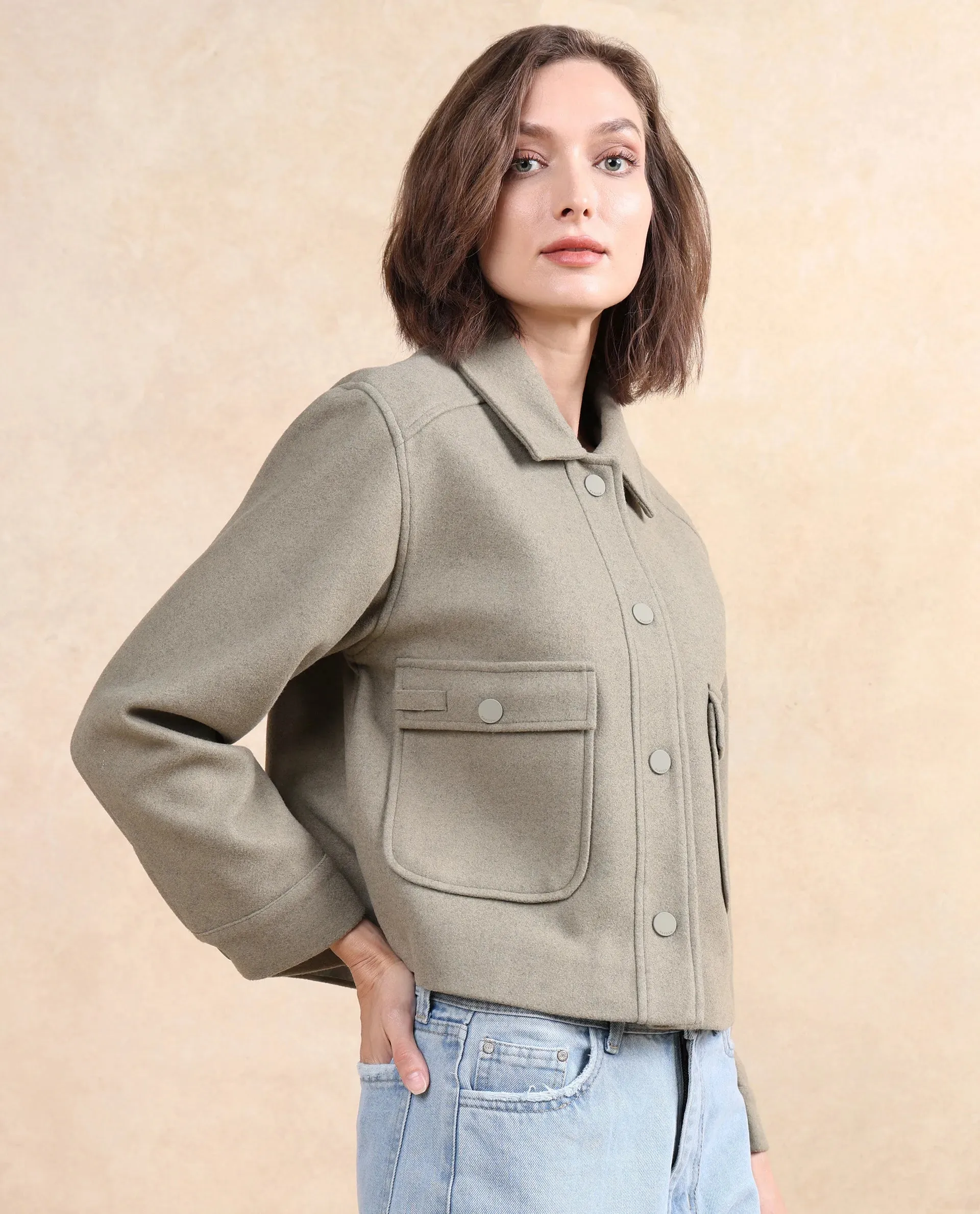 Rareism Women Riffin Dusky Green Cuffed Sleeve Collared Neck Button Closure Plain Jacket