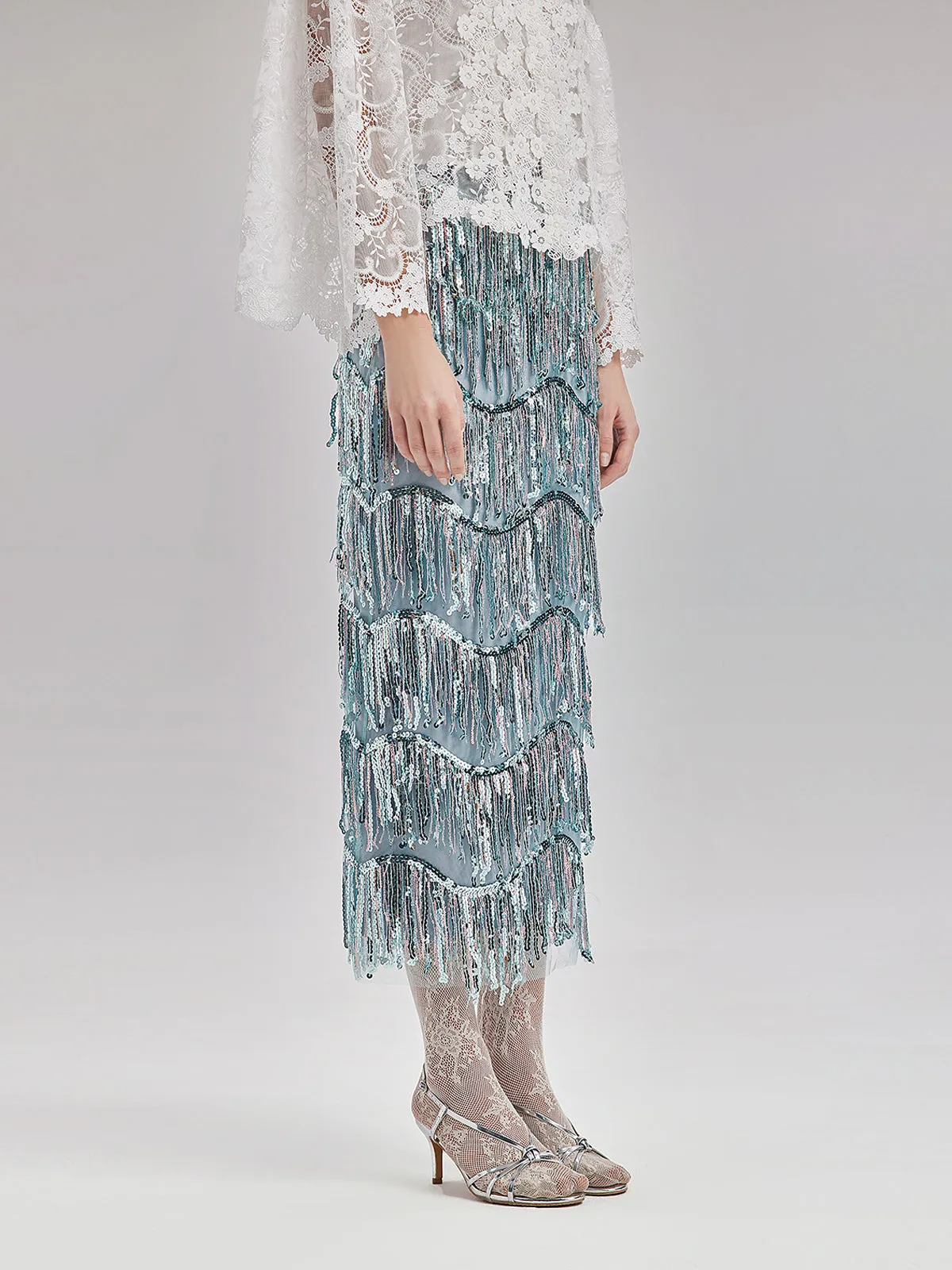 Ripple Tiered Sequin & Tassel Skirt