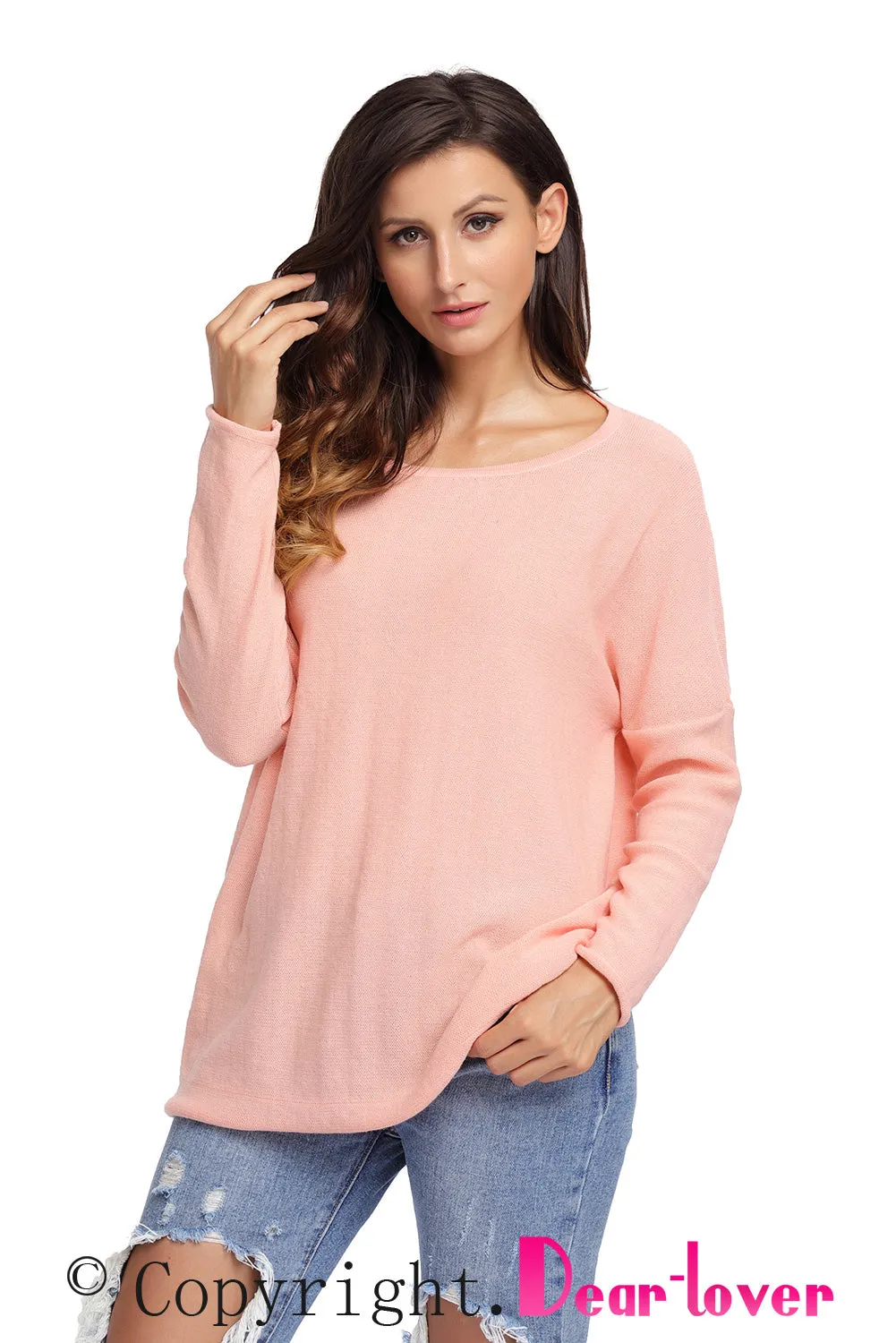Salmon Backless Twist Knit Long Sleeve Dolman Top