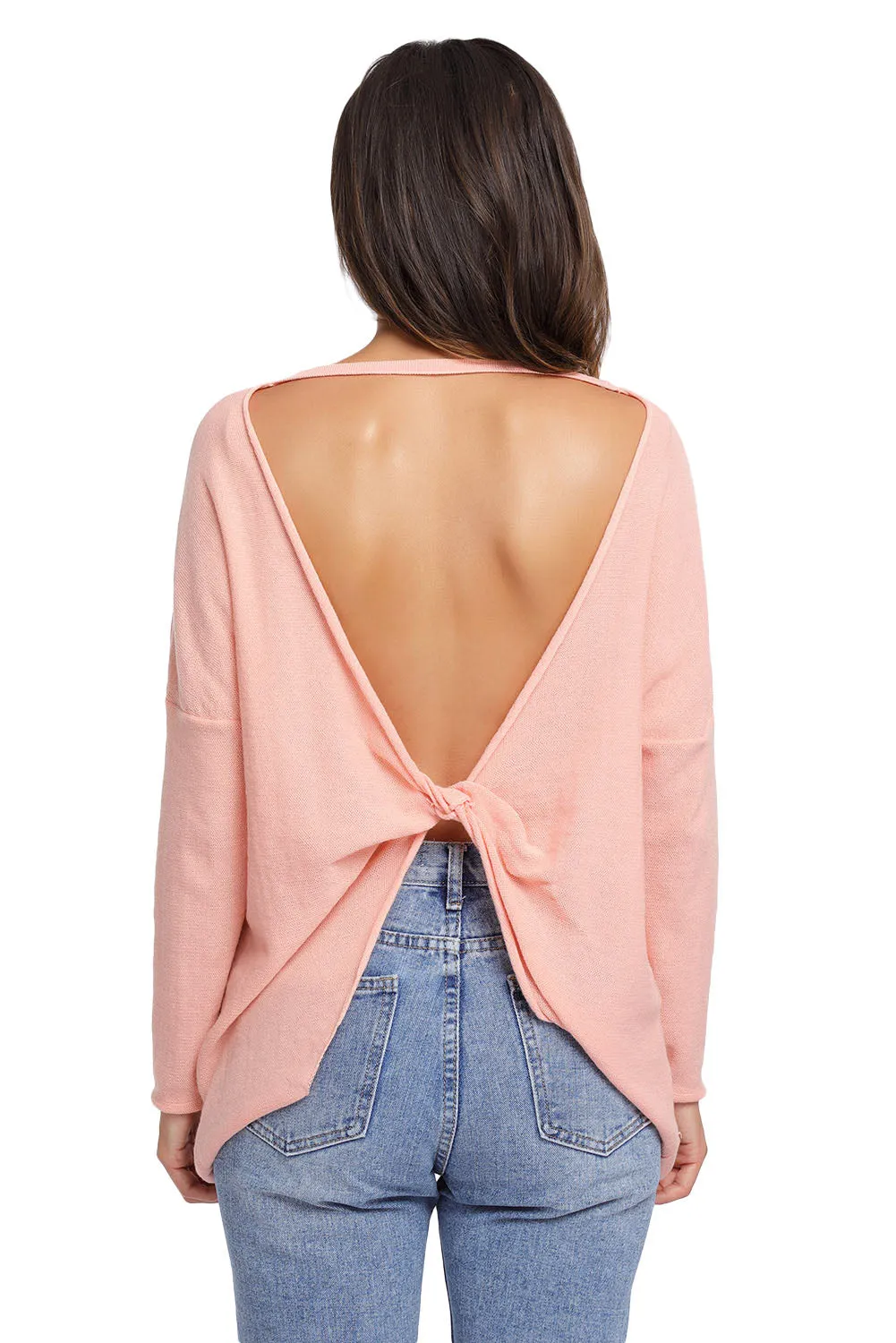 Salmon Backless Twist Knit Long Sleeve Dolman Top