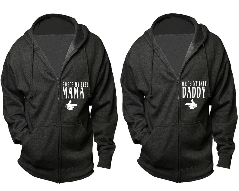 She's My Baby Mama & He's My Baby Daddy Couple Matching Zipper Hoodies – Unisex, Sold Separately in All Sizes, Stylish and Comfortable