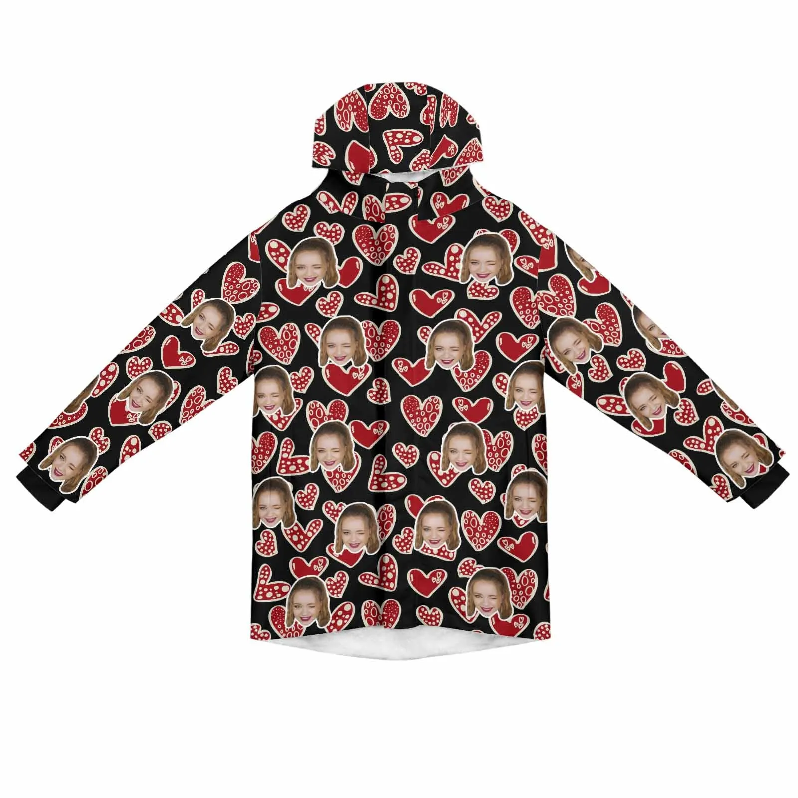 [Thick and Warm] Custom Face Love Heart Mid-length Fleece-lined Jacket Men's Full Zip Hoodie
