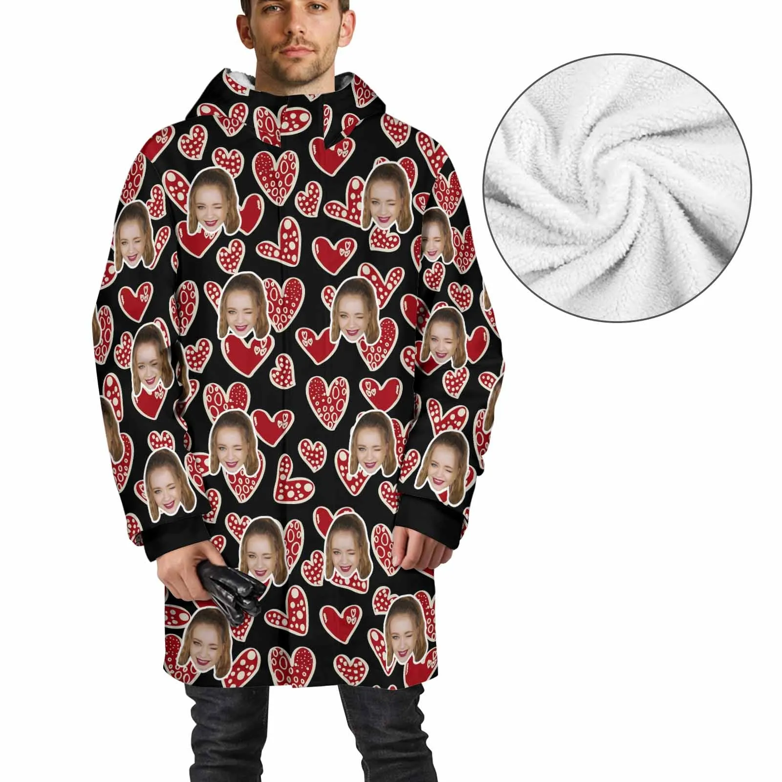 [Thick and Warm] Custom Face Love Heart Mid-length Fleece-lined Jacket Men's Full Zip Hoodie