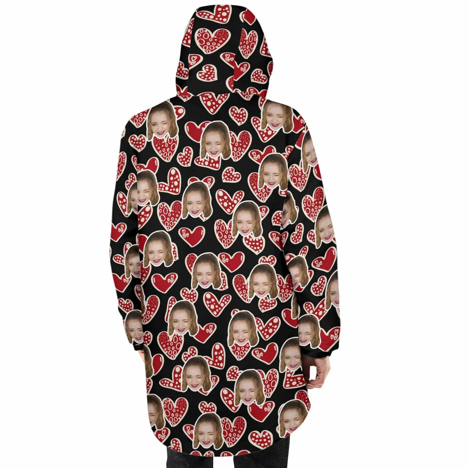[Thick and Warm] Custom Face Love Heart Mid-length Fleece-lined Jacket Men's Full Zip Hoodie