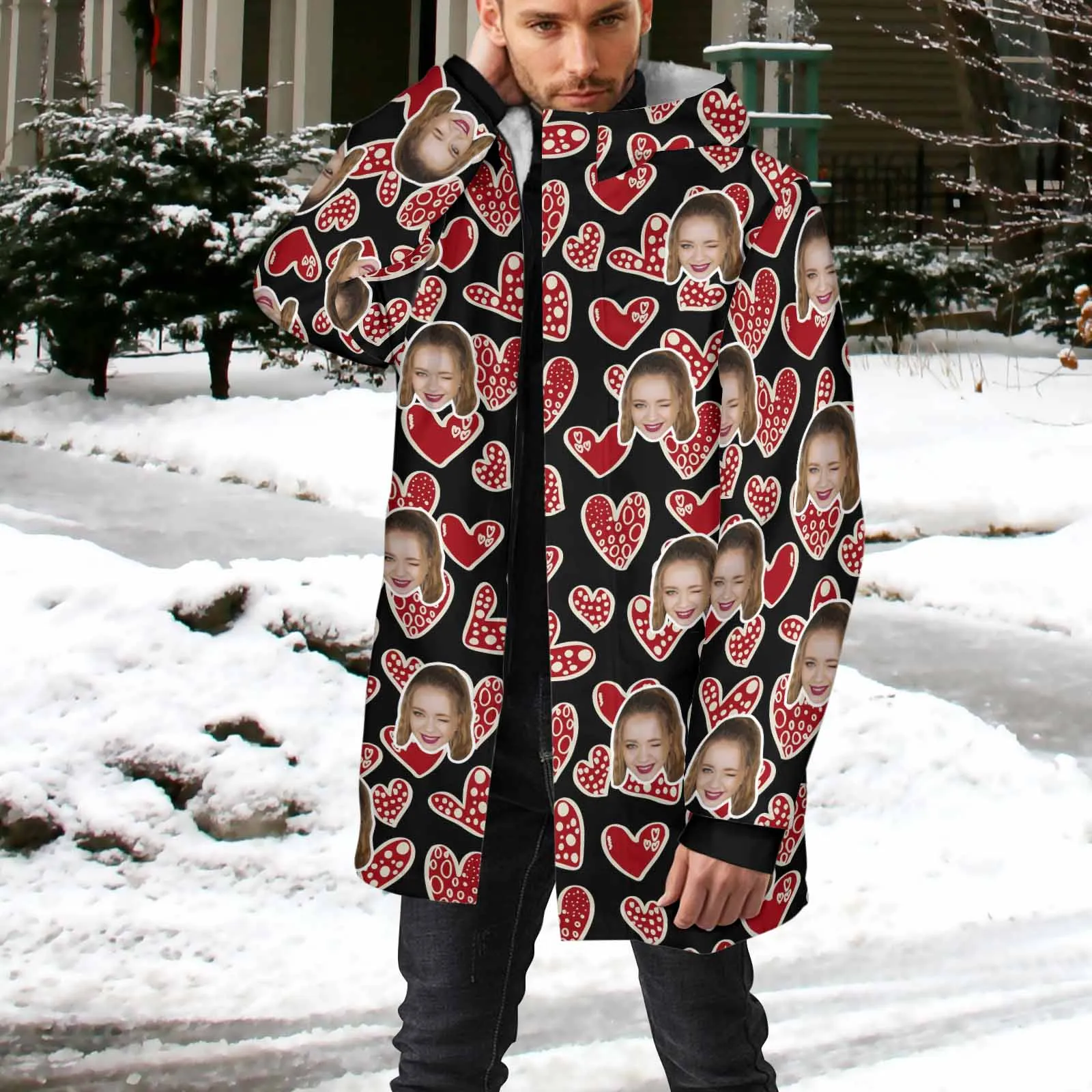 [Thick and Warm] Custom Face Love Heart Mid-length Fleece-lined Jacket Men's Full Zip Hoodie