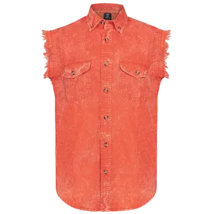 Vance VB735 - Men's Biker Motorcycle Orange Acid Wash Cut Off Sleeveless Shirt