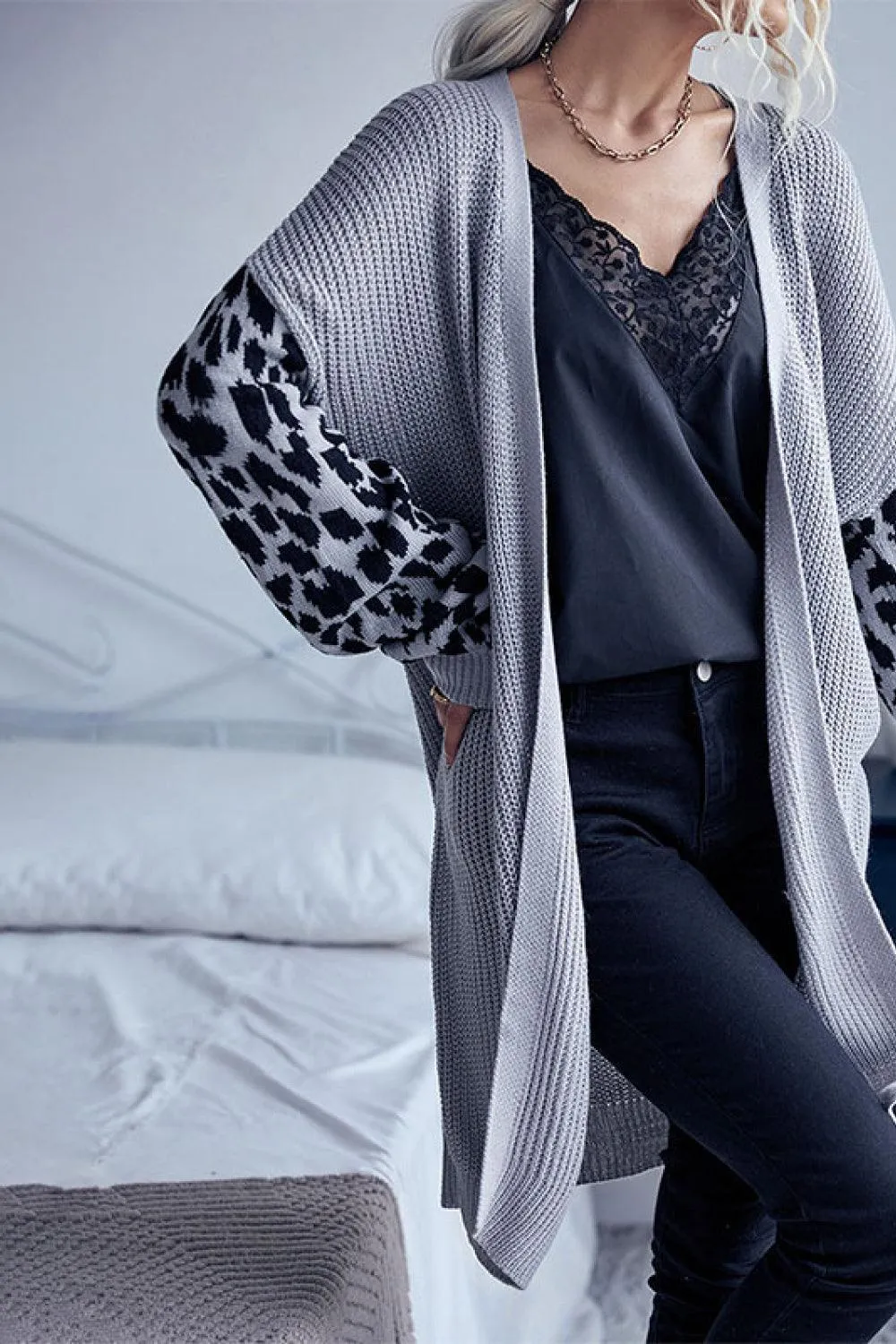 Vogue Finesse Leopard Sleeves Waffle Knit Cardigan