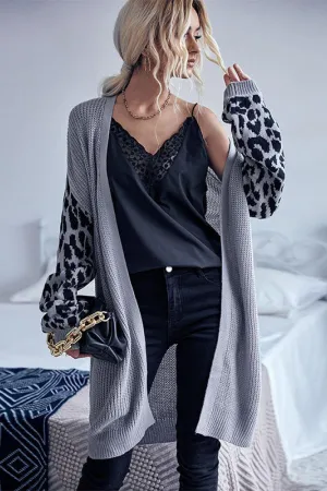 Vogue Finesse Leopard Sleeves Waffle Knit Cardigan