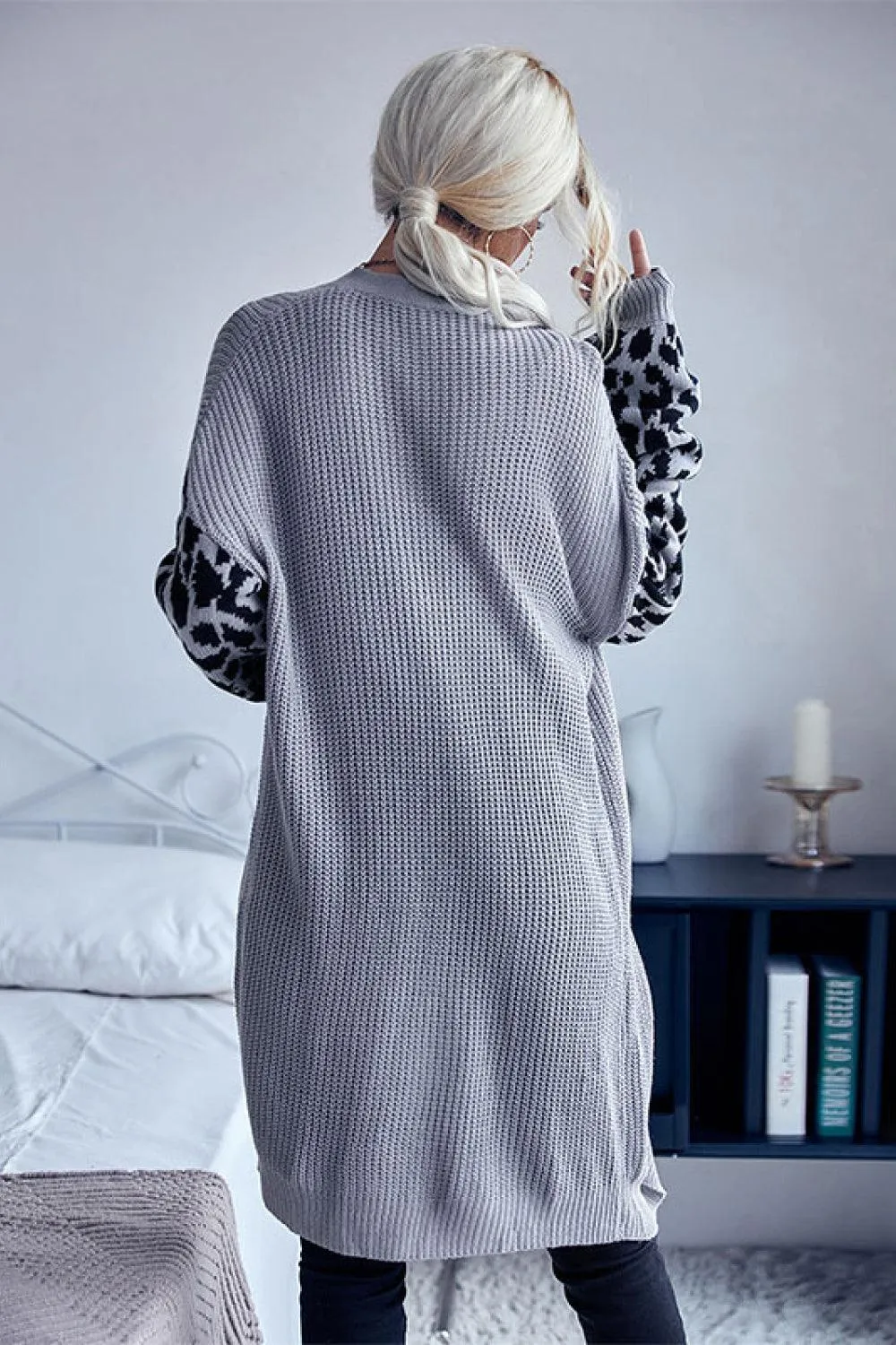 Vogue Finesse Leopard Sleeves Waffle Knit Cardigan