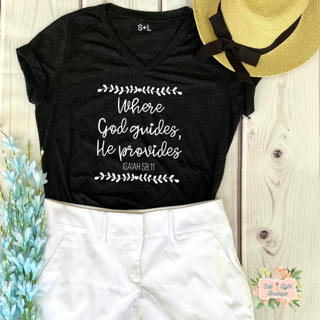WHERE GOD GUIDES HE PROVIDES TRIBLEND T-SHIRT | WOMEN'S V-NECK