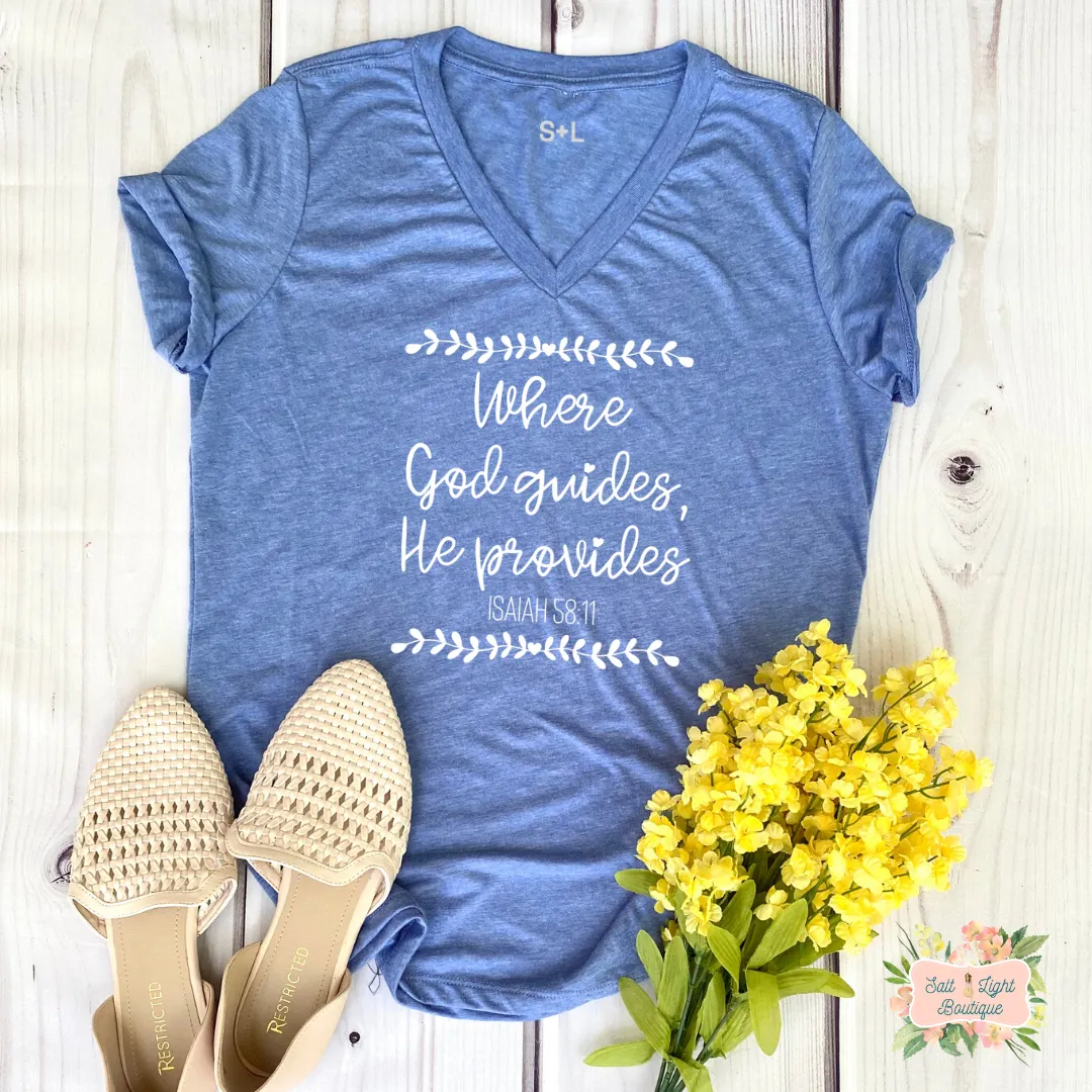 WHERE GOD GUIDES HE PROVIDES TRIBLEND T-SHIRT | WOMEN'S V-NECK