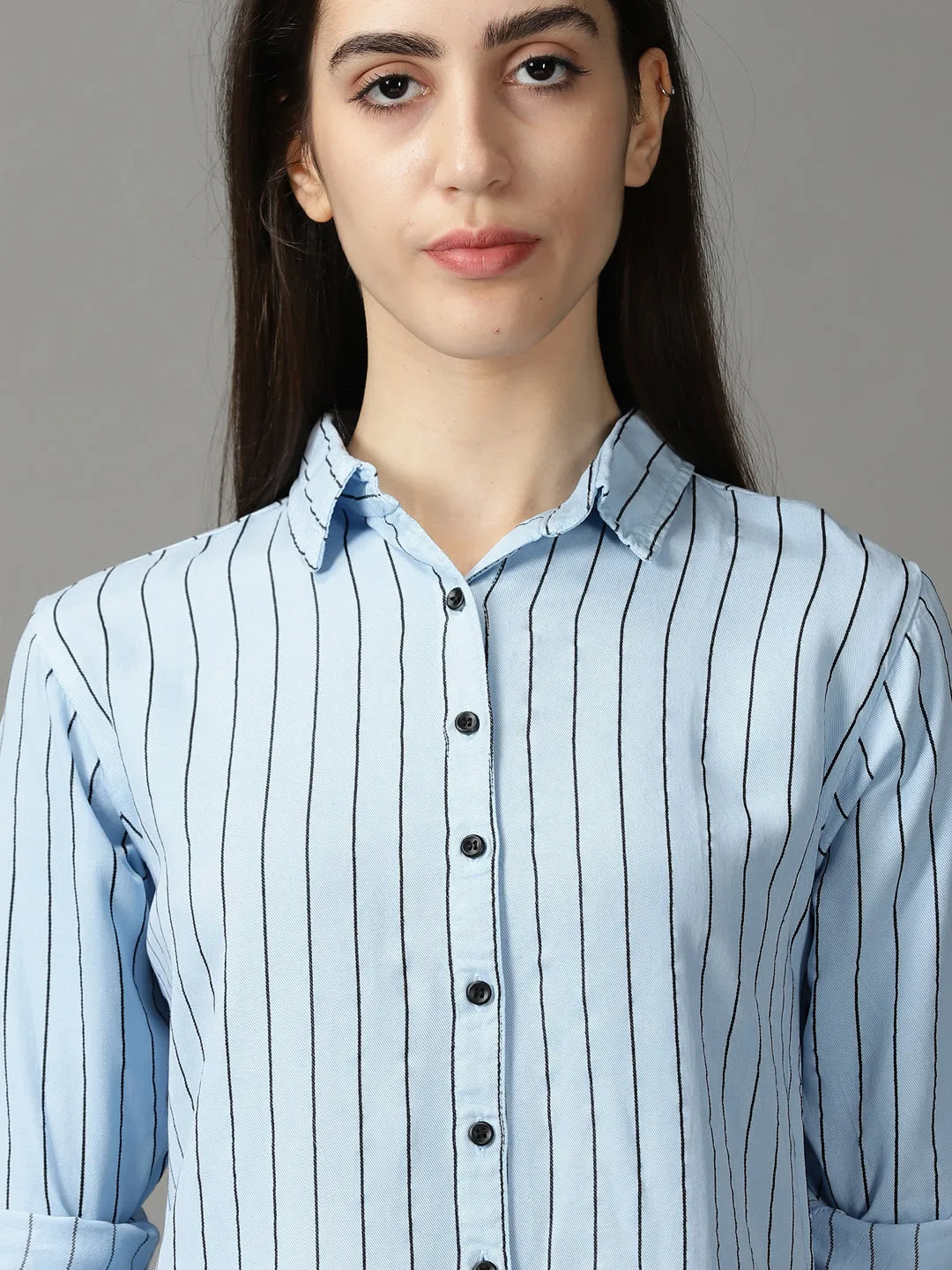 Women Blue Striped Casual Longline Shirt