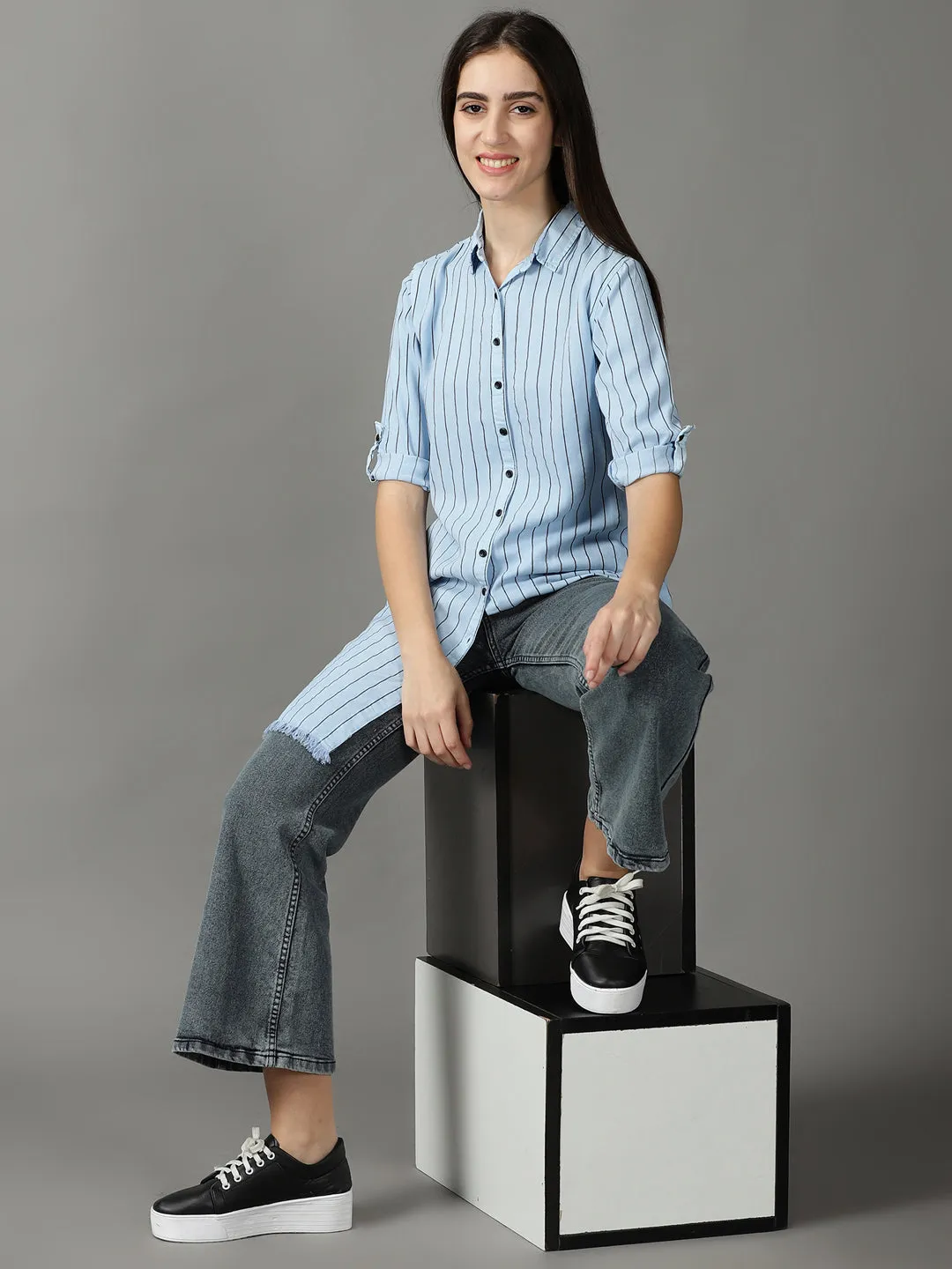 Women Blue Striped Casual Longline Shirt