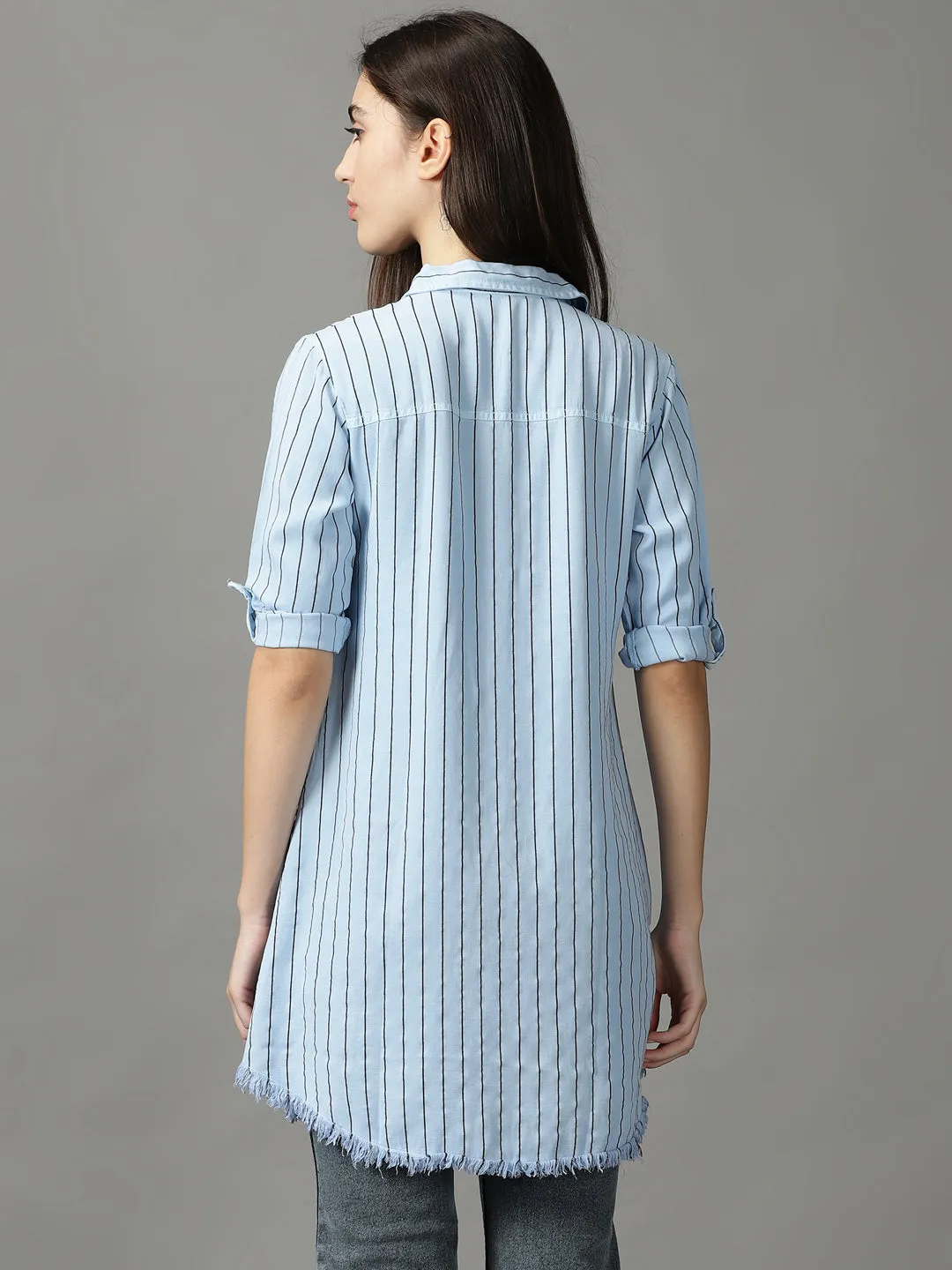 Women Blue Striped Casual Longline Shirt