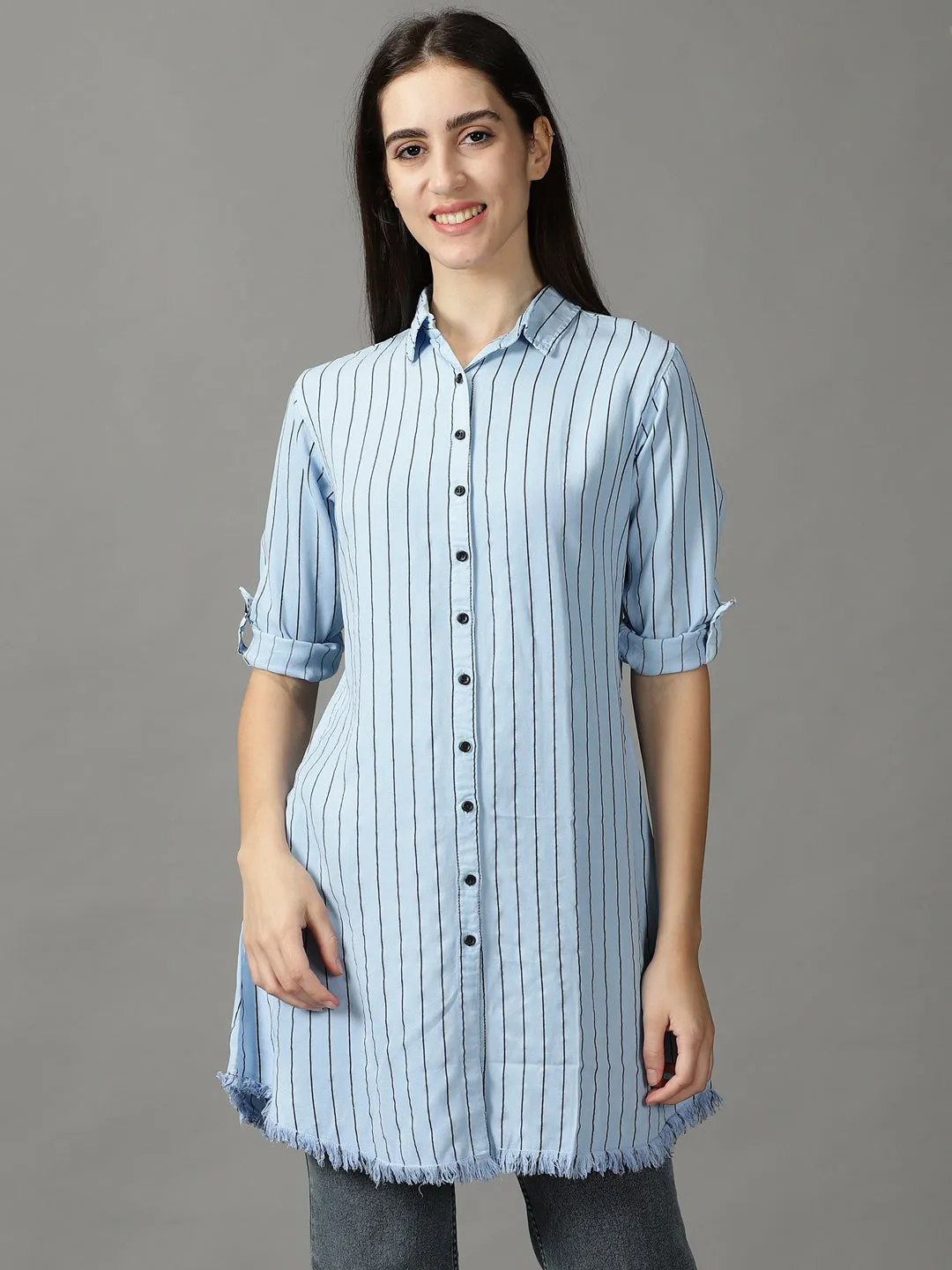 Women Blue Striped Casual Longline Shirt