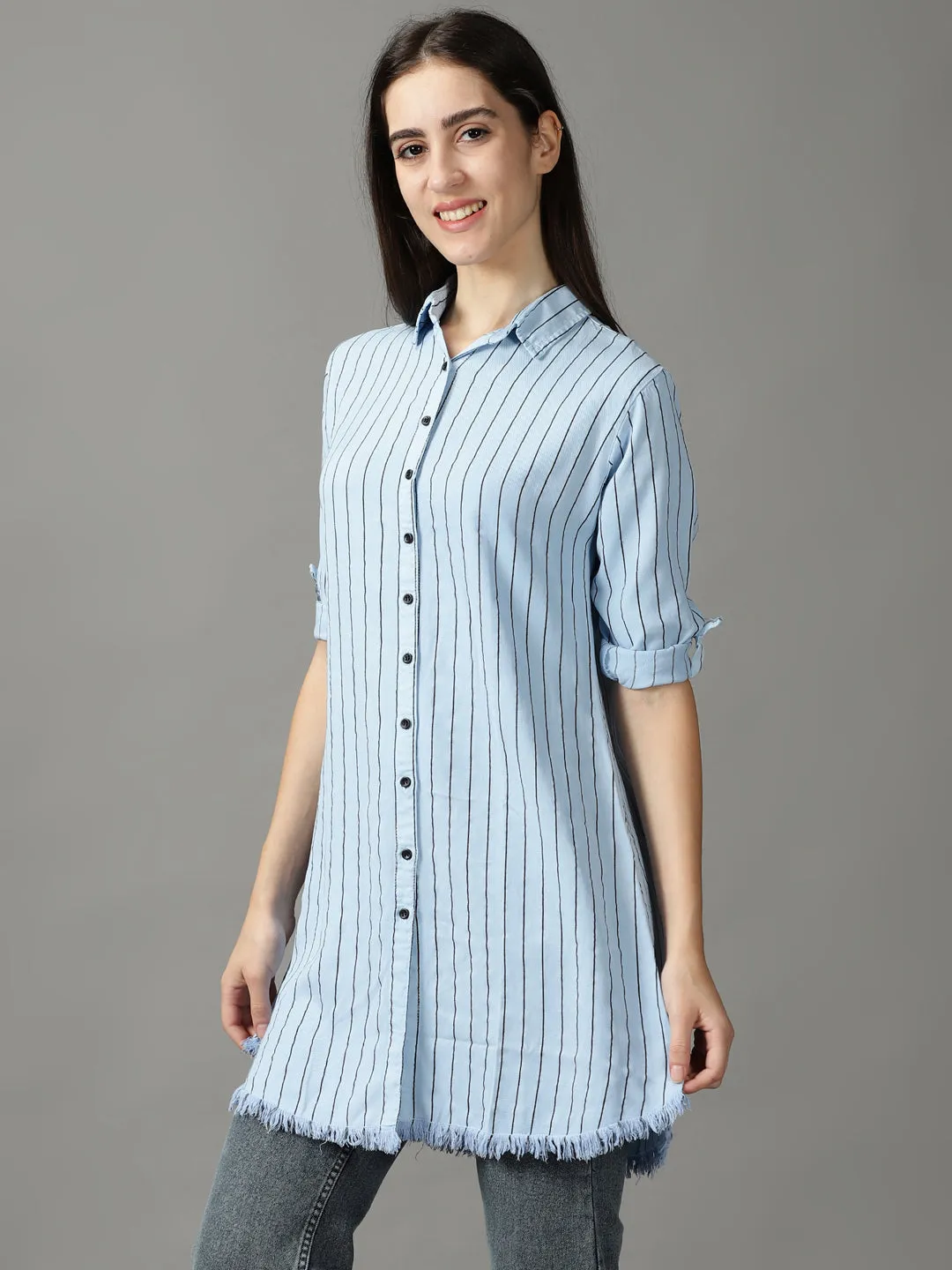 Women Blue Striped Casual Longline Shirt