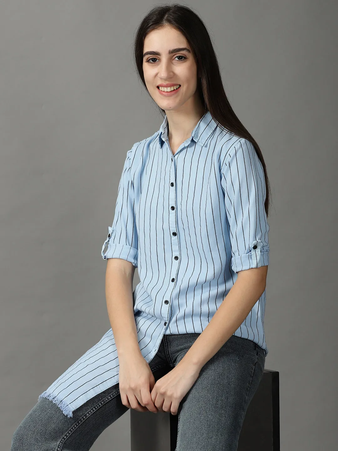 Women Blue Striped Casual Longline Shirt