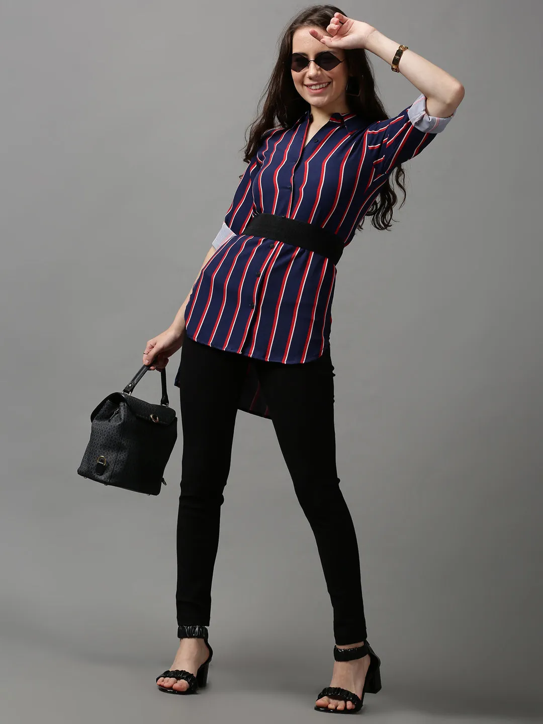 Women Blue Striped Longline Shirt